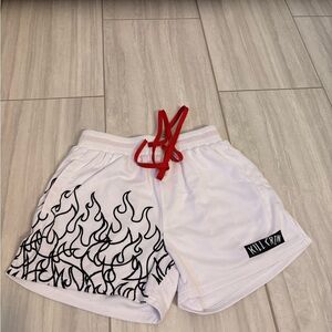 Kill Crew White Shorts with Black Flames and Red Drawstring